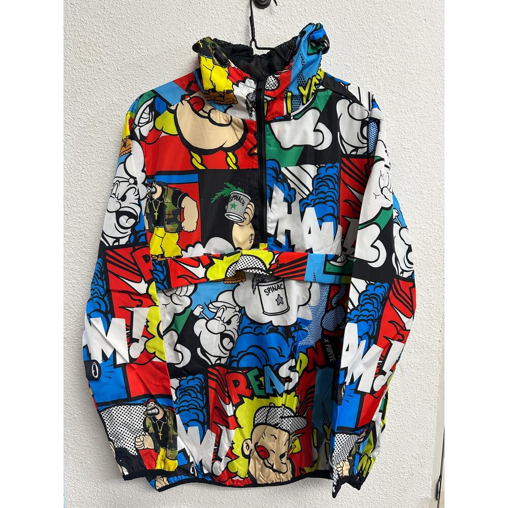 Reason Popeye Jacket Mens L Allover Comic Print Anorak Rain Windbreaker Hooded
